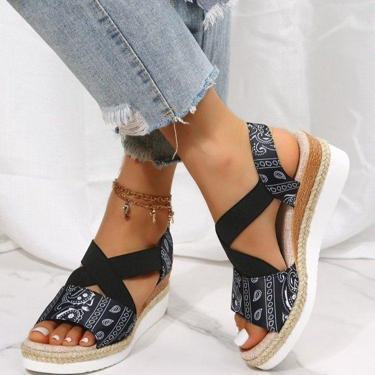 Summer Wedge Sandals Women Fashion Pattern Ankle-strap Buckle Sandals Women