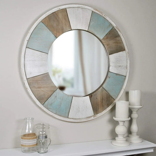 Accent Wall Mirror, 27&quot;, Aged Teal/Shabby White/Natural Wood