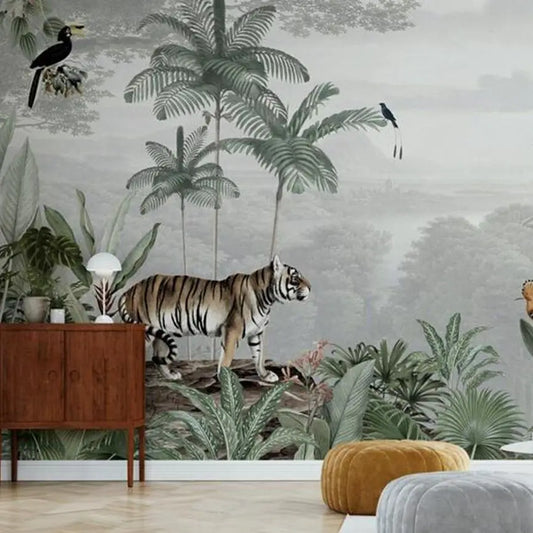Botanical Beauty - Panoramic TROPICAL TEMPLE Wallpaper, Nature Woodlands Wall Mural with Tropical Trees and Jungle Animals