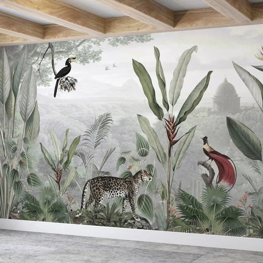 Botanical Beauty - Panoramic TROPICAL TEMPLE Wallpaper, Nature Woodlands Wall Mural with Tropical Trees and Jungle Animals