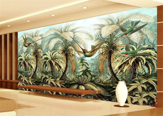 Custom size 3d wallpaper Rainforest plant Coconut tree Hummingbird background mural Home decoration Forest mural decoration