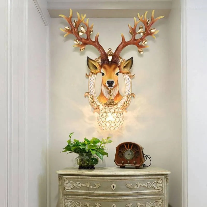 Description: This colossal designer decorative Crystal faceted wall centerpiece lamp dominates intricating good fortune and prosperity, symbolic of the deer. 