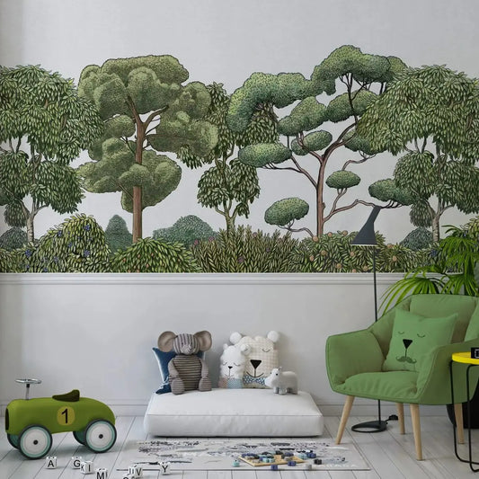Green Forest Natural panoramic wallpaper, Vegetal landscape Wall paper with Handdrawn Forest, Bushes in Nature Green for Kids