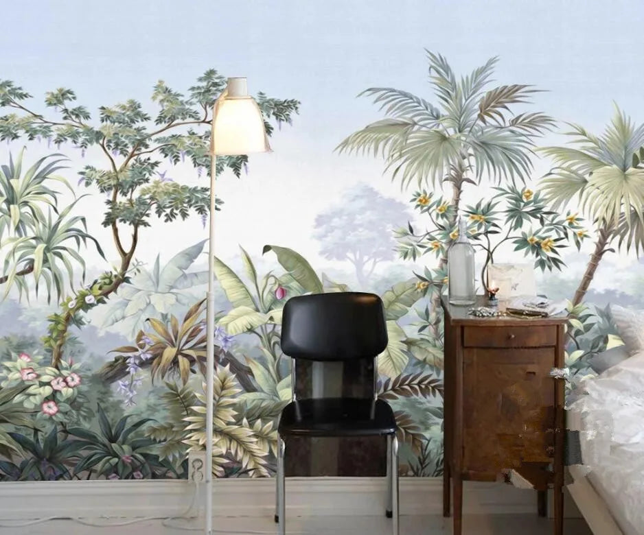 beibehang European retro nostalgic palace hand painted coconut tree rain forest oil painting custom 3d wallpaper mural