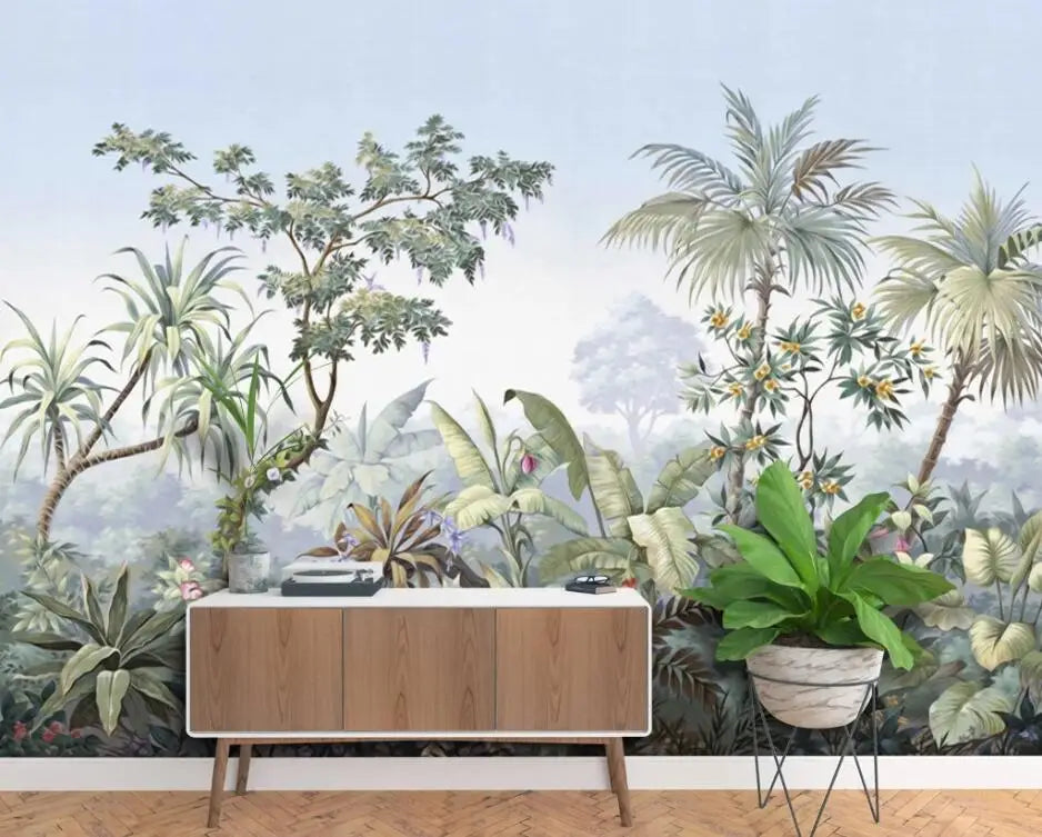 beibehang European retro nostalgic palace hand painted coconut tree rain forest oil painting custom 3d wallpaper mural