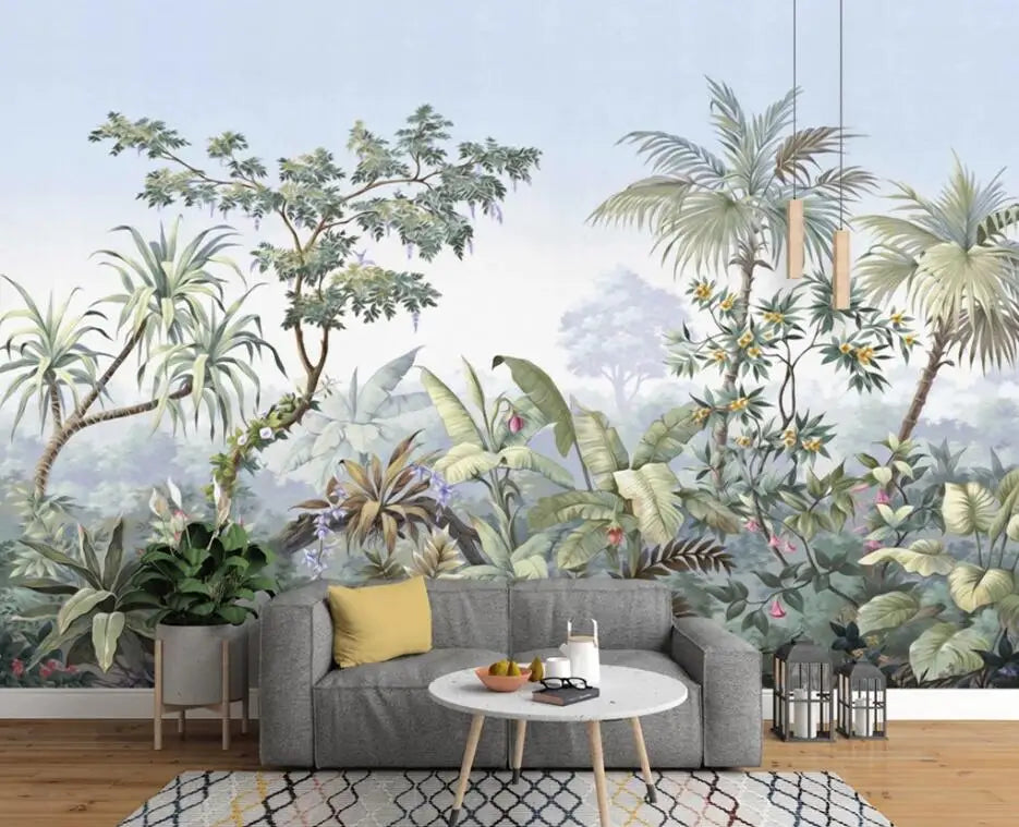 beibehang European retro nostalgic palace hand painted coconut tree rain forest oil painting custom 3d wallpaper mural