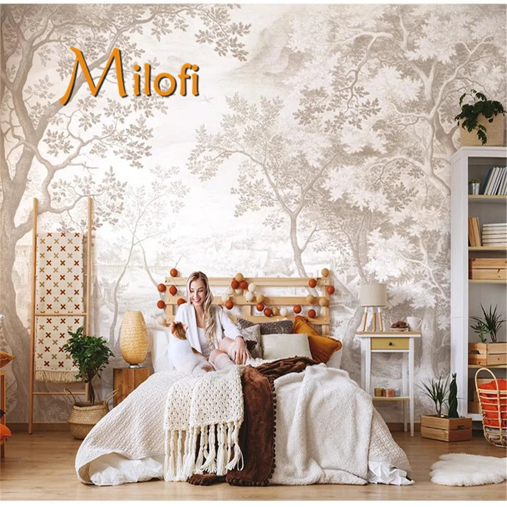 Milofi French style hand-painted forest plant scenery retro wallpaper living room bedroom background wallpaper custom mural