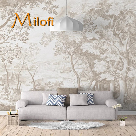 Milofi French style hand-painted forest plant scenery retro wallpaper living room bedroom background wallpaper custom mural