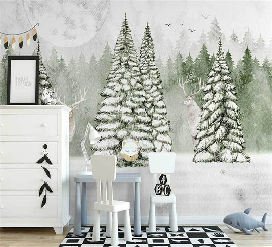 Nordic custom wallpaper hand-painted abstract forest elk children's room indoor living room background wall 3d wallpaper обои