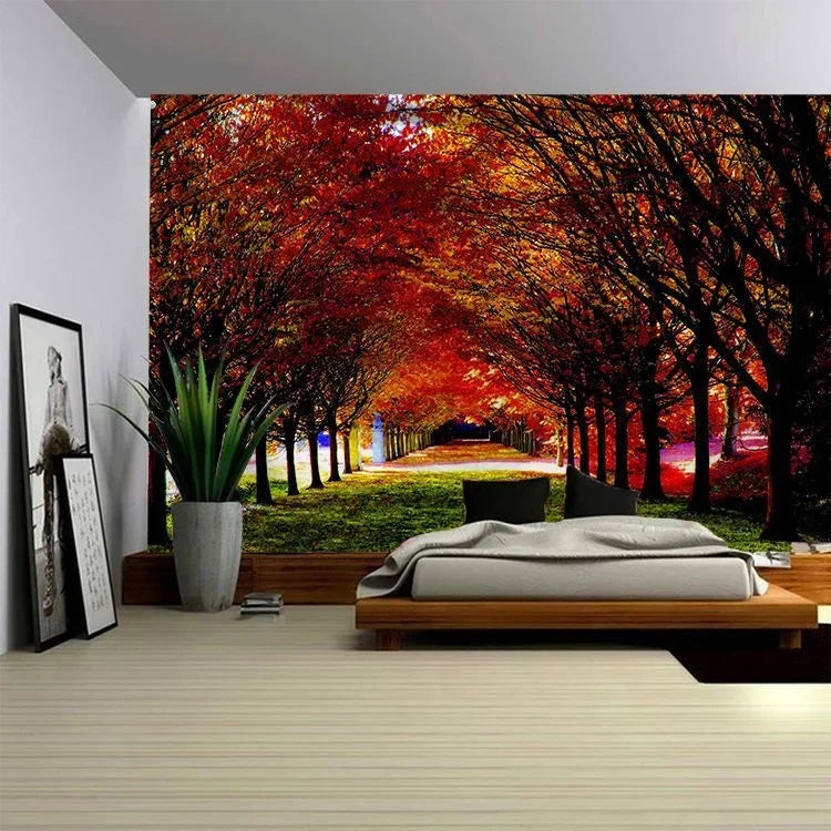 3D Forest Tree Tapestry Wall Hanging Nature Scene Tapestries Sunlight Evergreen Plant Leaves Outdoor Landscape Home Room Decor