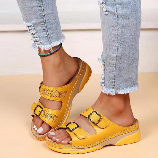 Double Buckle Slippers Women Flat Sandals Summer