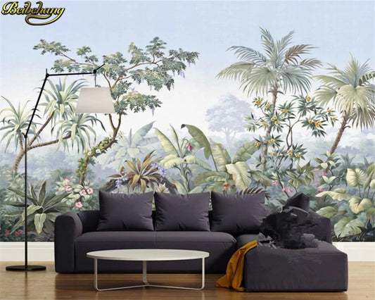 beibehang European retro nostalgic palace hand painted coconut tree rain forest oil painting custom 3d wallpaper mural