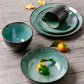 Deep Blue Green Vintage Ceramic Kiln Glazed Stoneware Pottery Plates