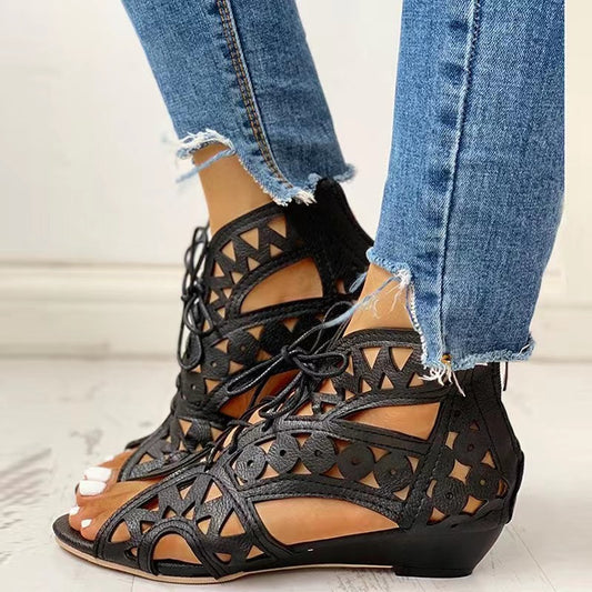 Cutout Sandals Women Fashion Low Heel Lace-up Shoes Summer