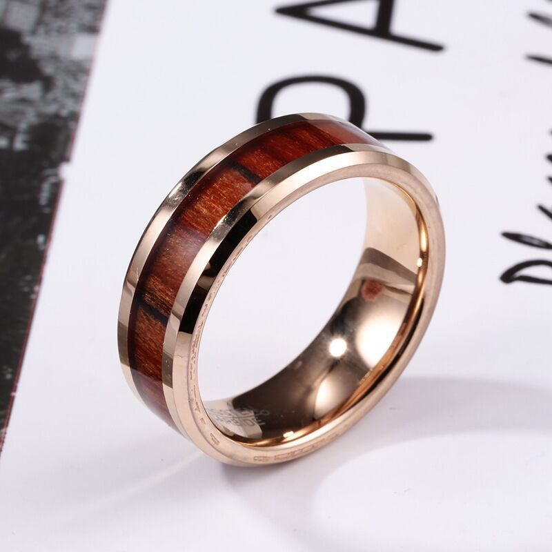 Rose Gold Personality 8mm Wood Leather Tungsten Gold Ring | Decor Gifts and More