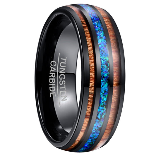 8mm Wide Black Two Acacia Wood Sapphire Blue Opal Tungsten Steel Ring | Decor Gifts and More