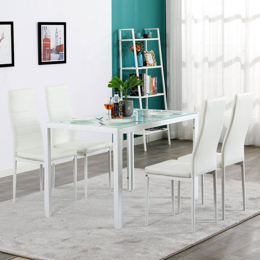 5 Piece Contemporary White Leather Seated Glass Dining Table Set | Decor Gifts and More