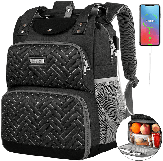 Lunch Backpack, Lunch Box Laptop Backpacks with USB Port RFID Pockets Insulated Cooler Backpack for Women Men, Water Resistant Lunch Food Bag Tote for School Work Beach Picnic Trip Fits 15.6  - Home Decor Gifts and More