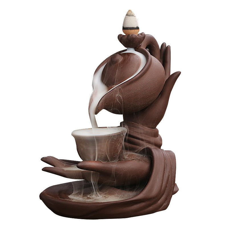 F Ceramic Waterfall Incense Burner Buddha Hand Censer Holder Indoor Smoke Backflow Incense Fountain Buddhist Altar Table Decor | Decor Gifts and More