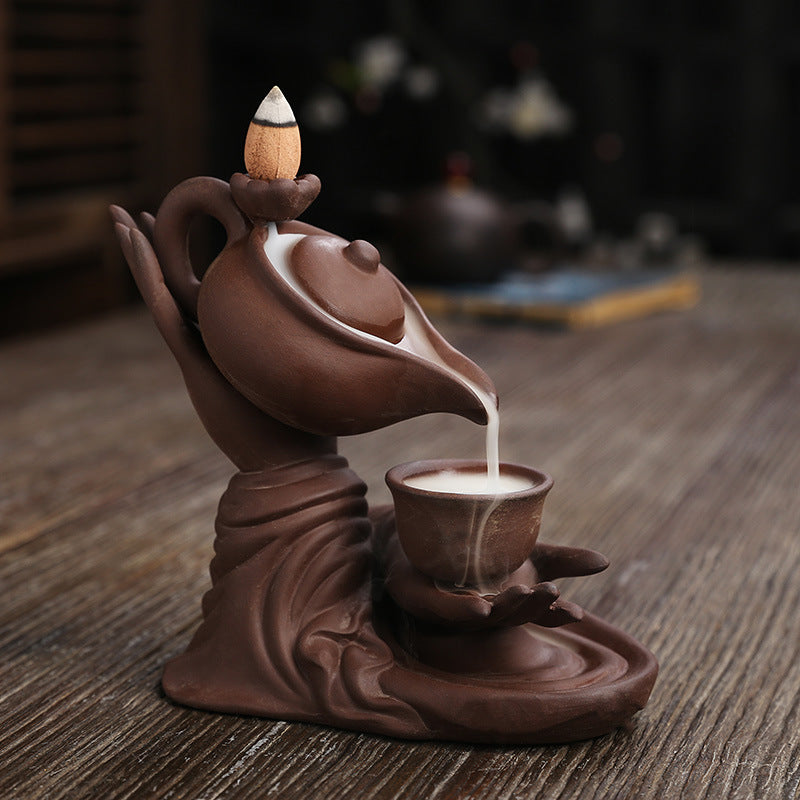 F Ceramic Waterfall Incense Burner Buddha Hand Censer Holder Indoor Smoke Backflow Incense Fountain Buddhist Altar Table Decor | Decor Gifts and More