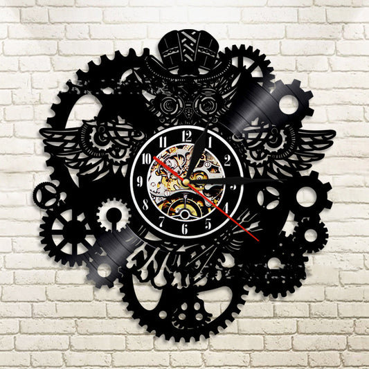 Vinyl Record Wall Clock LED Light Steampunk Owl Creative Retro Nostalgic Wall Clock Wall Clock