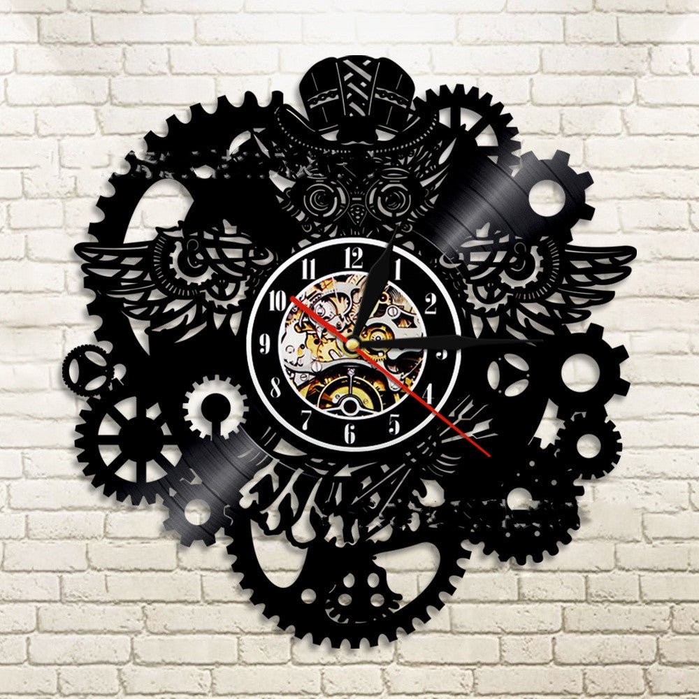 Vinyl Record Wall Clock LED Light Steampunk Owl Creative Retro Nostalgic Wall Clock Wall Clock | Decor Gifts and More
