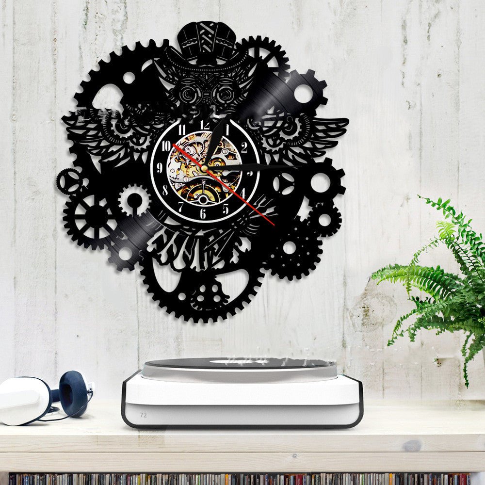 Vinyl Record Wall Clock LED Light Steampunk Owl Creative Retro Nostalgic Wall Clock Wall Clock | Decor Gifts and More