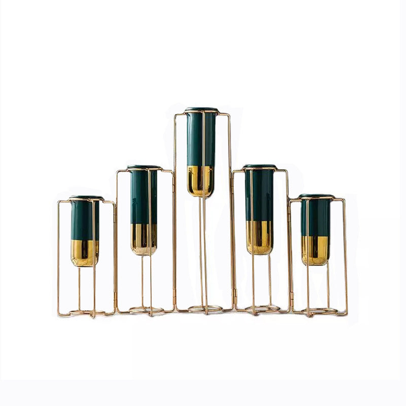 Creative Nordic Metal Iron Test Tube Ceramic Vase Transparent Small Table Decoration Living Room Arrangement