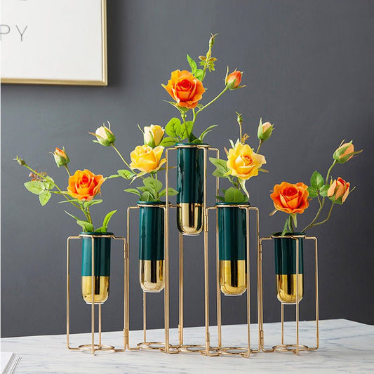 Creative Nordic Metal Iron Test Tube Ceramic Vase Transparent Small Table Decoration Living Room Arrangement | Decor Gifts and More
