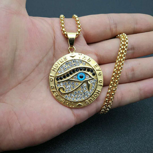 Titanium Steel Gold Plated Rhinestone Eye of Horus Pendant Necklace | Decor Gifts and More