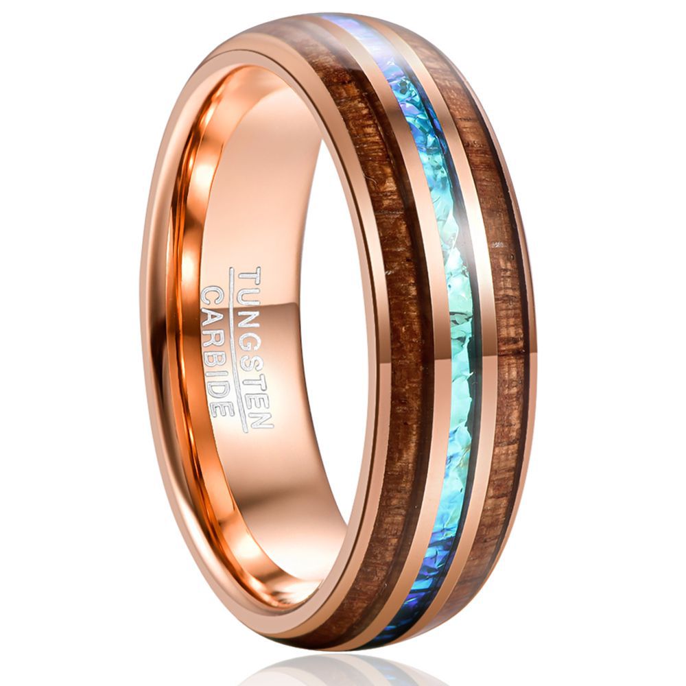 Rose Gold Inlaid Acacia Wood Opal Dome Tungsten Steel Ring | Decor Gifts and More