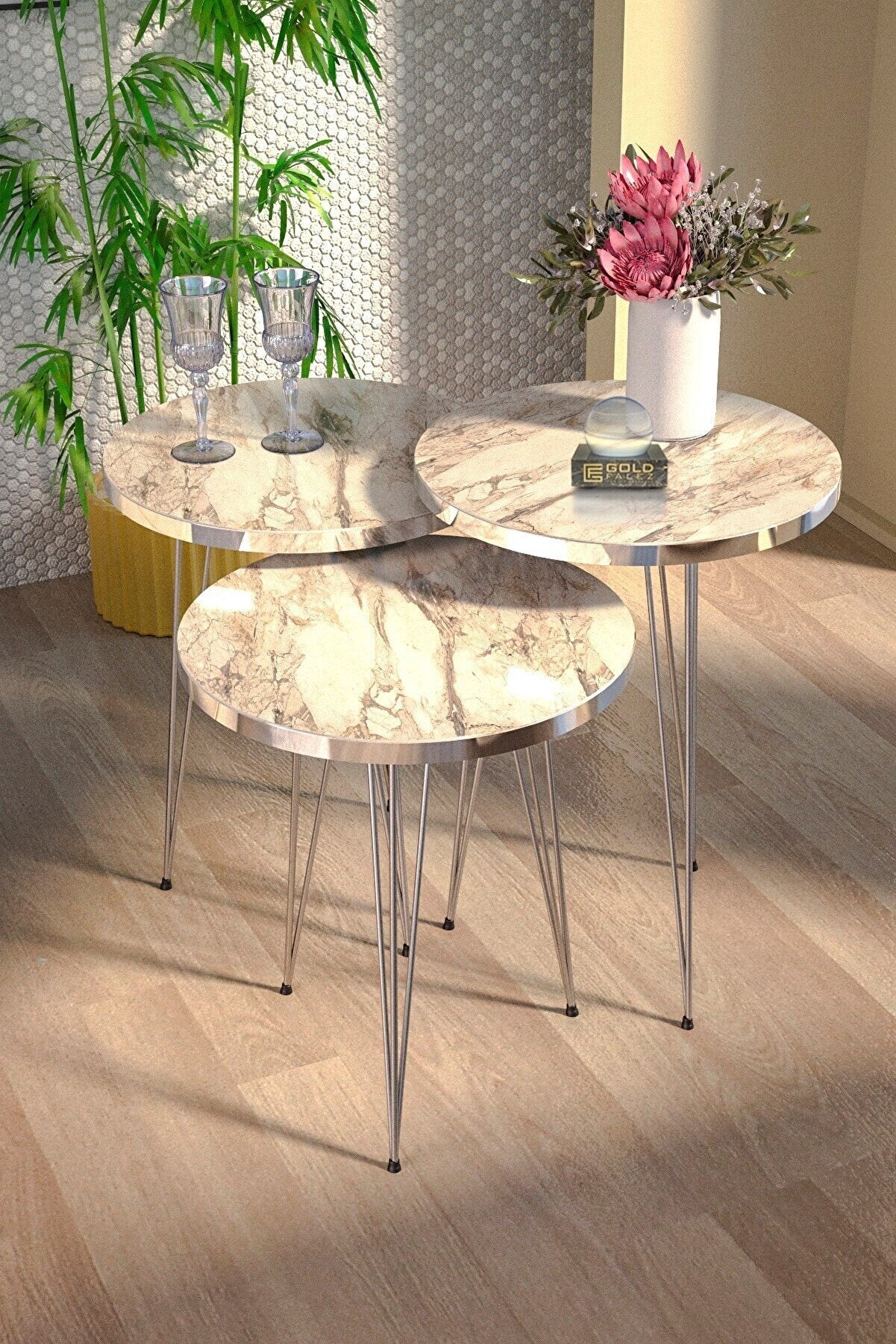 3 PCs silver legs Modern nesting table gold look furniture tea coffee service desk round living room bedside table | Decor Gifts and More