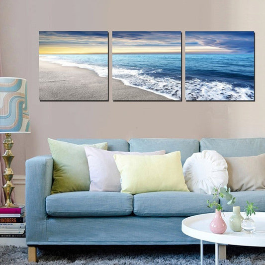 3 panels blue sea shore sandy wave beach framed seascape oil painting