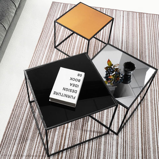 3-Piece Mirror Top Nesting Coffee Table End/Side Table Set in Black Steel Tube[US-W] | Decor Gifts and More