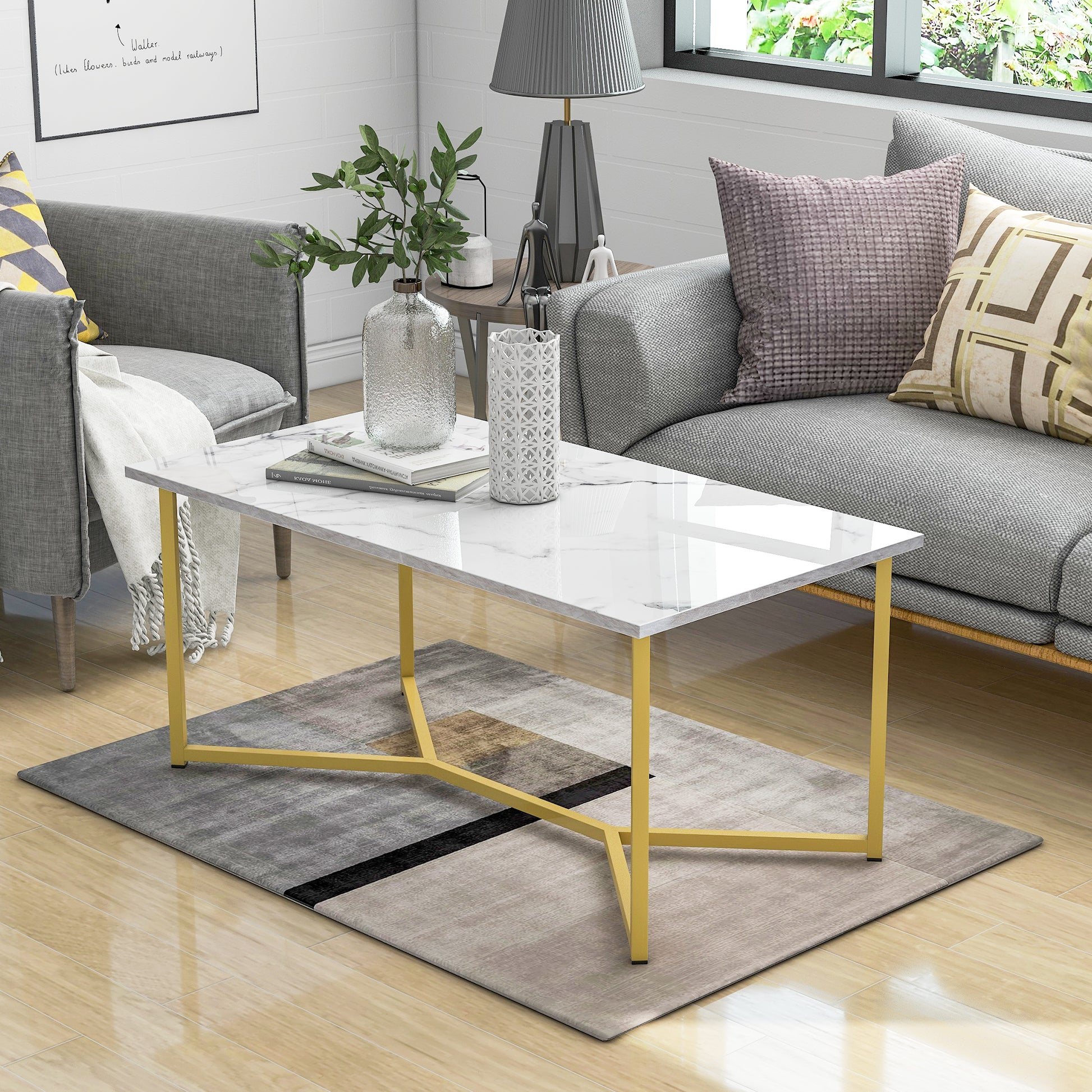 3 style modern rectangle wooden coffee table white marble top stylish x-leg base side table 42x22x18inch[