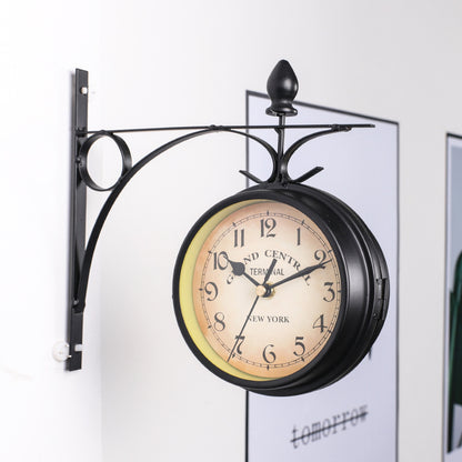 European Vintage Double Sided Wrought Iron Wall Clock