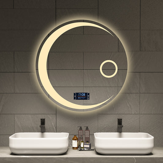 40/50/60cm Round Moon Shape Bathroom Mirror 3 Color Adjustable LED LIght With Defogging Bluetooth Speaker Smart Makeup Mirror | Decor Gifts and More