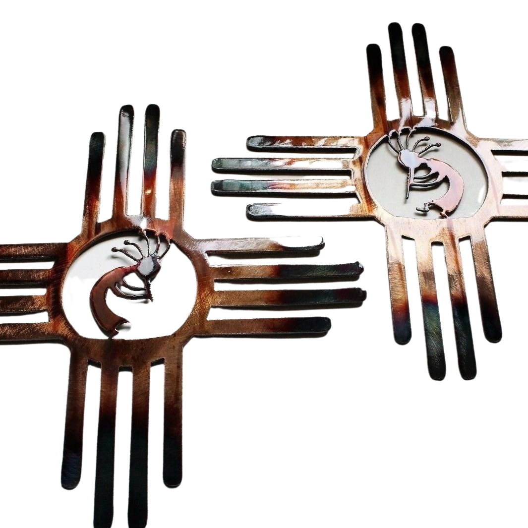 Metal Wall Art - Copper 14"Southwestern Zia w/ Kokopelli Pair (2 Piece) - - Home Decor Gifts and More