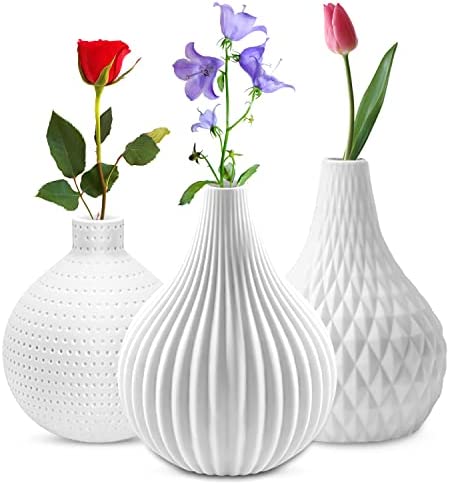 Nostalgic Vintage Balloon Bottle Vase Set 3, White Textured Ceramic Textured Designs - Home Decor Gifts and More