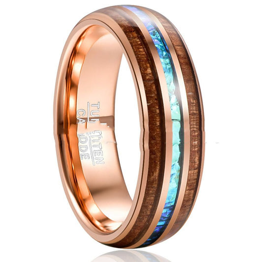 Rose Gold Inlaid Acacia Wood Opal Dome Tungsten Steel Ring | Decor Gifts and More