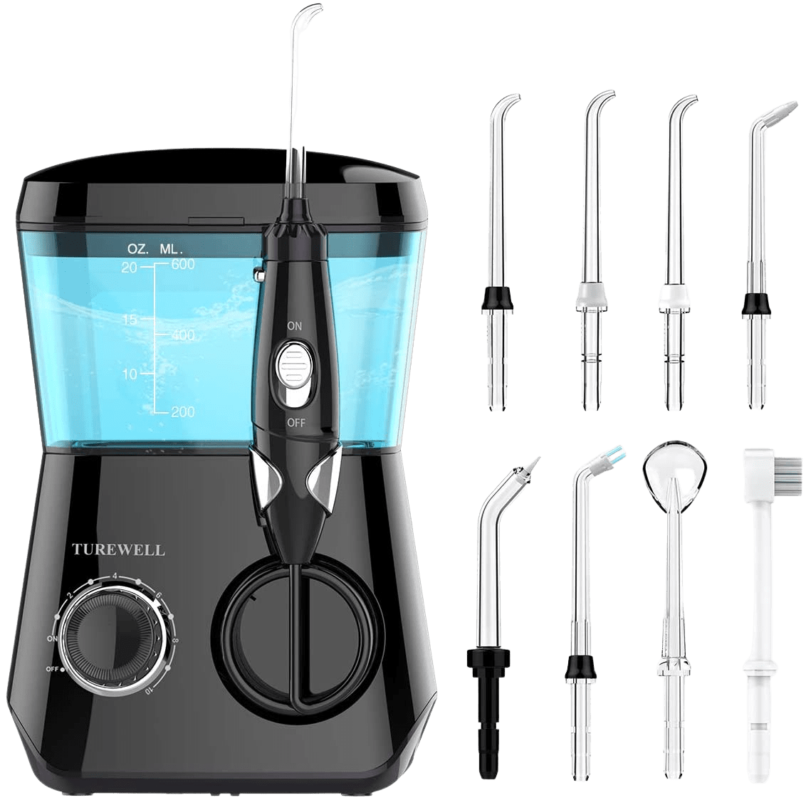 TUREWELL Water Flossing Oral Irrigator, 600ML Dental Water Teeth Cleaner 10 Adjustable Pressure, Electric Dental Pick Flosser for Teeth/Braces, 8 Water Jet Tips for Family (Black) - Home Decor Gifts and More