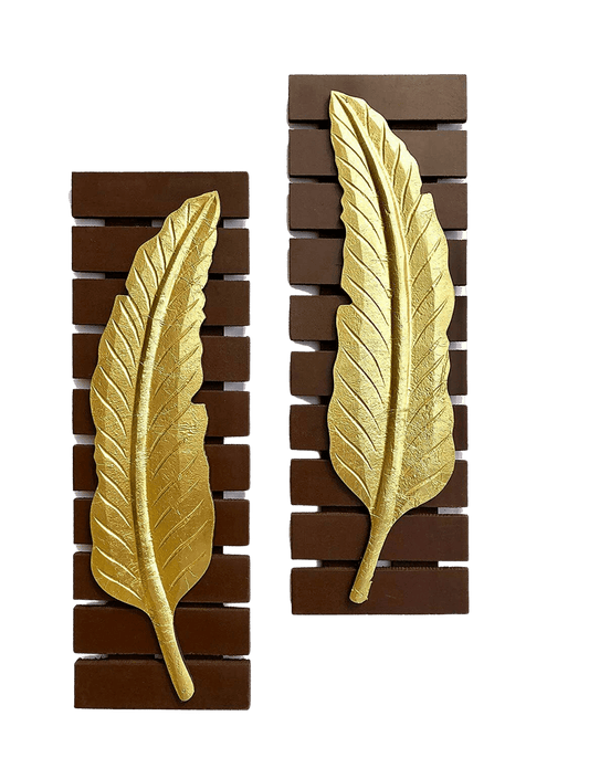 Tropical Brass Leaf Wall Decor Art Sculpture 6 x 18 inches Set of 2 - Home Decor Gifts and More