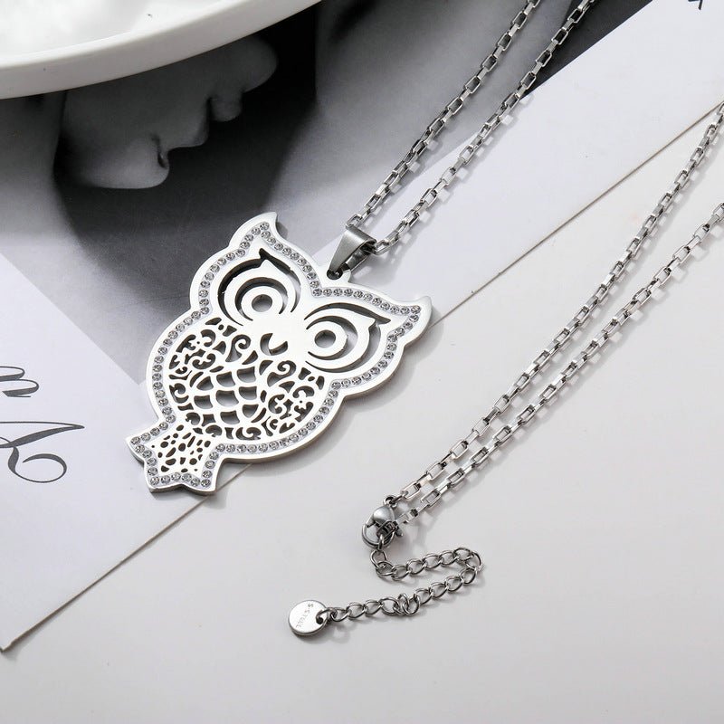 Women's Stainless Steel Set Zircon Owl Pendant Necklace | Decor Gifts and More