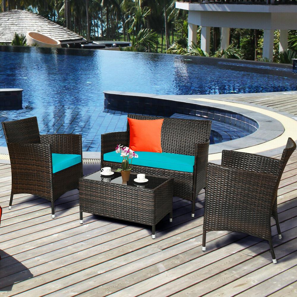 4PCS Rattan Patio Furniture Set Cushioned Sofa Chair Coffee TableTurquoise HW63214 | Decor Gifts and More