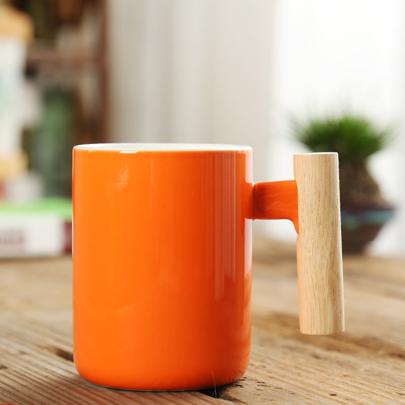 Simple Straight Ceramic Mug With Wooden Handle | Decor Gifts and More