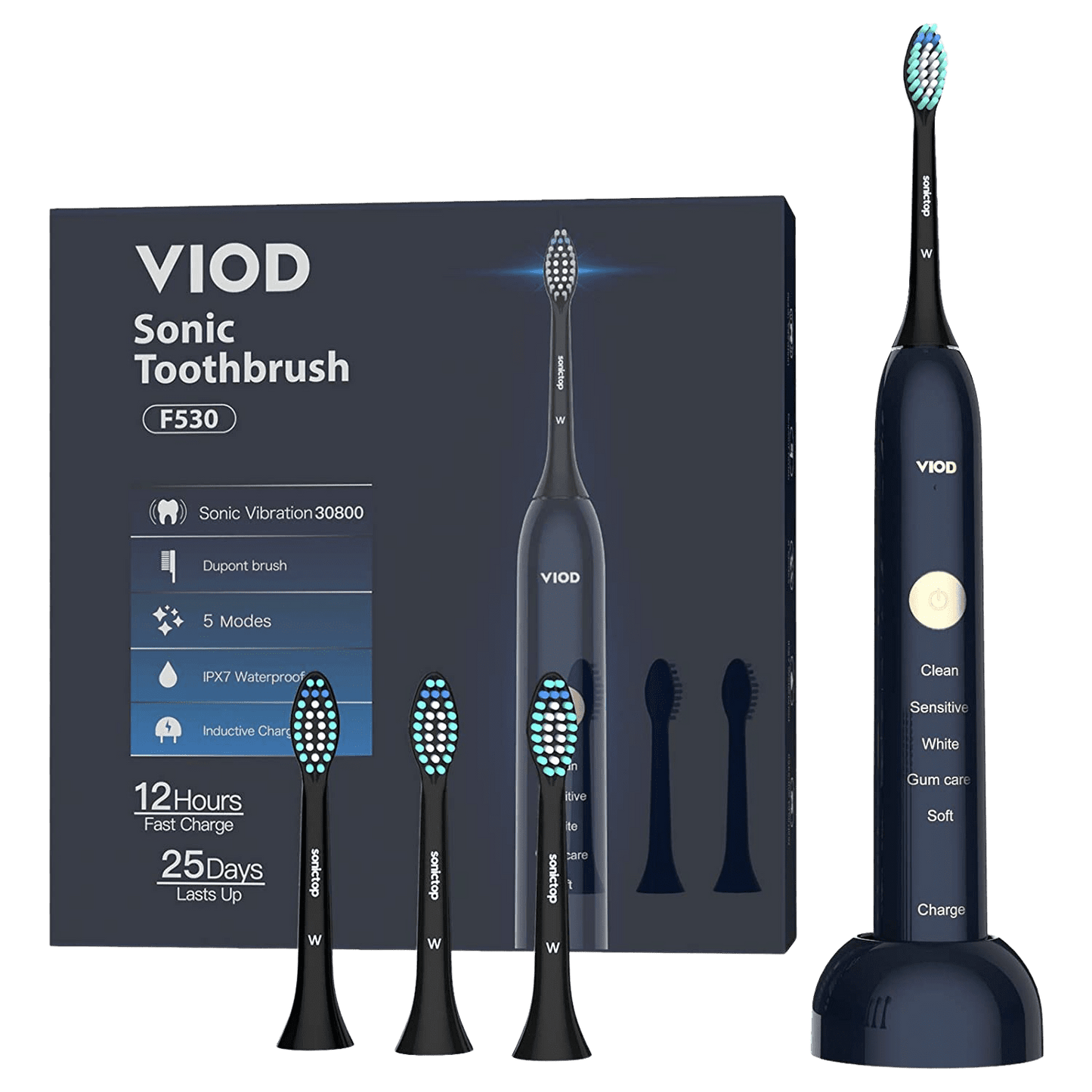 VIOD Sonic Electric Toothbrush Rechargeable Toothbrush for Adults Clean Teeth Whitening,4 Brush Heads,5 Modes Rechargeable,2 Mins Smart Timer-Dark Blue - Home Decor Gifts and More