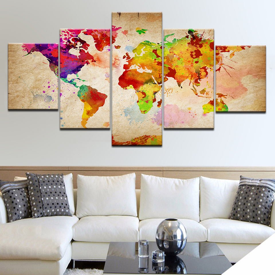 5 Panel/piece Modern HD Watercolor Retro Vintage World Map | Decor Gifts and More
