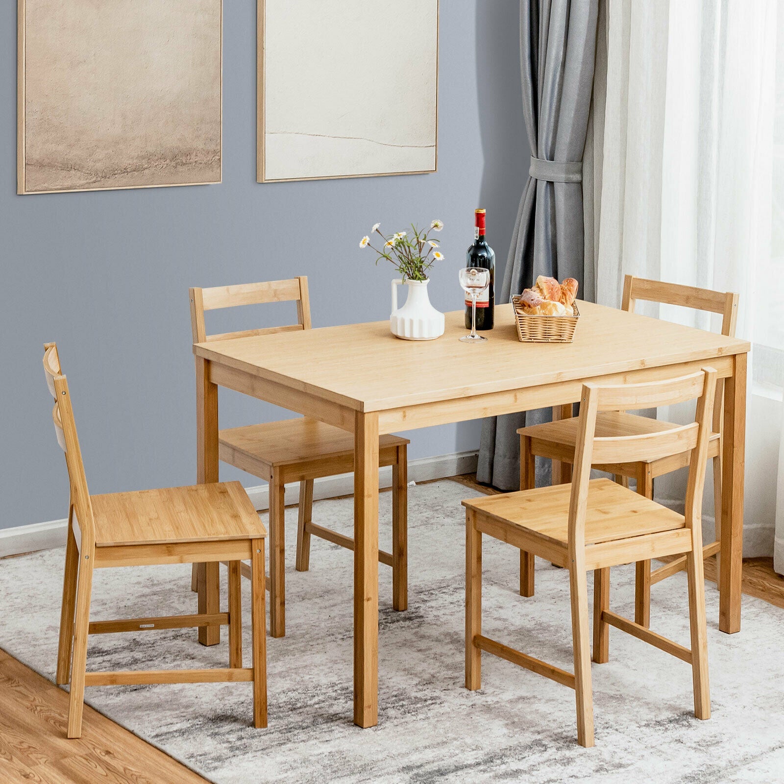 5-Piece Dining Set Dinette Set w/ 1 Rectangular Table &amp; 4 Chairs Natural Bamboo  KC53854NA | Decor Gifts and More