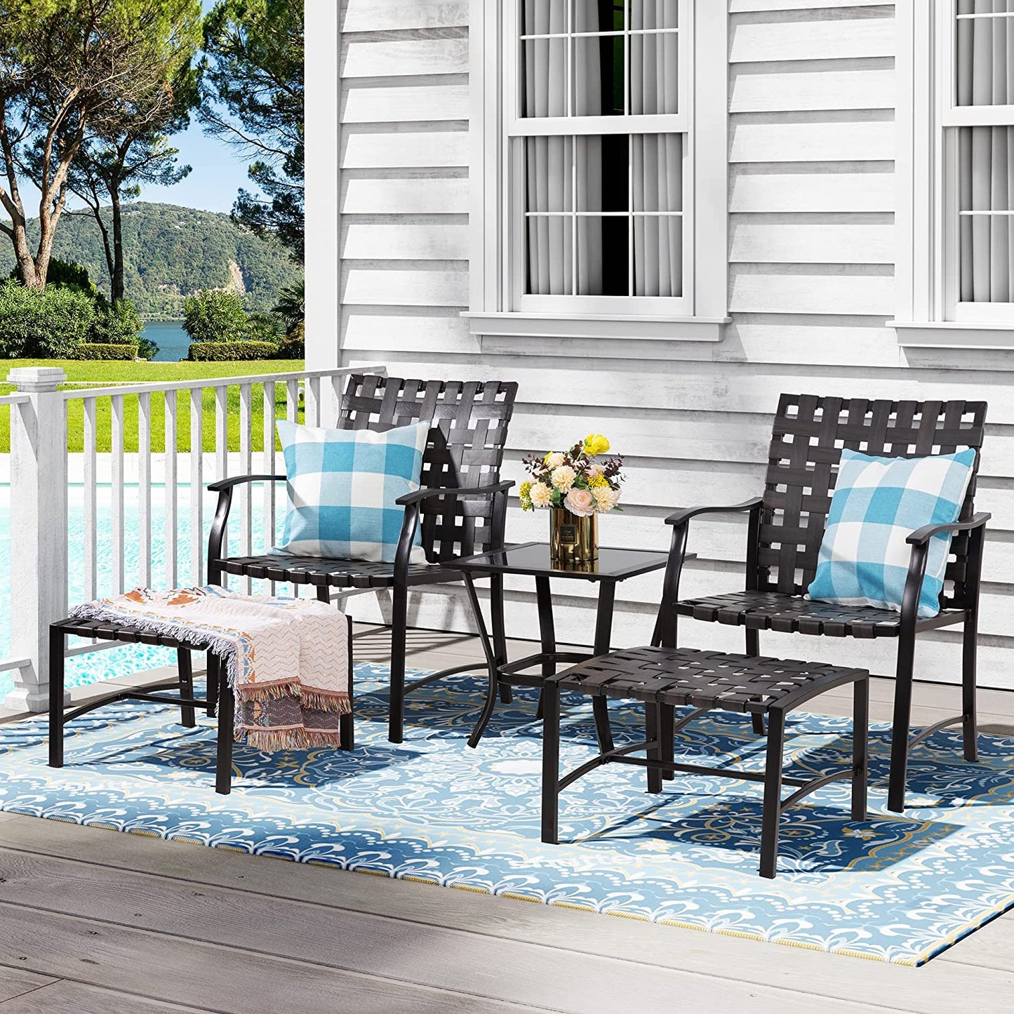 5 Piece Patio Conversation Set Lounge Chair Sofa, Patio Dining Chair Wicker furniture set with glass coffee table (US spot) | Decor Gifts and More
