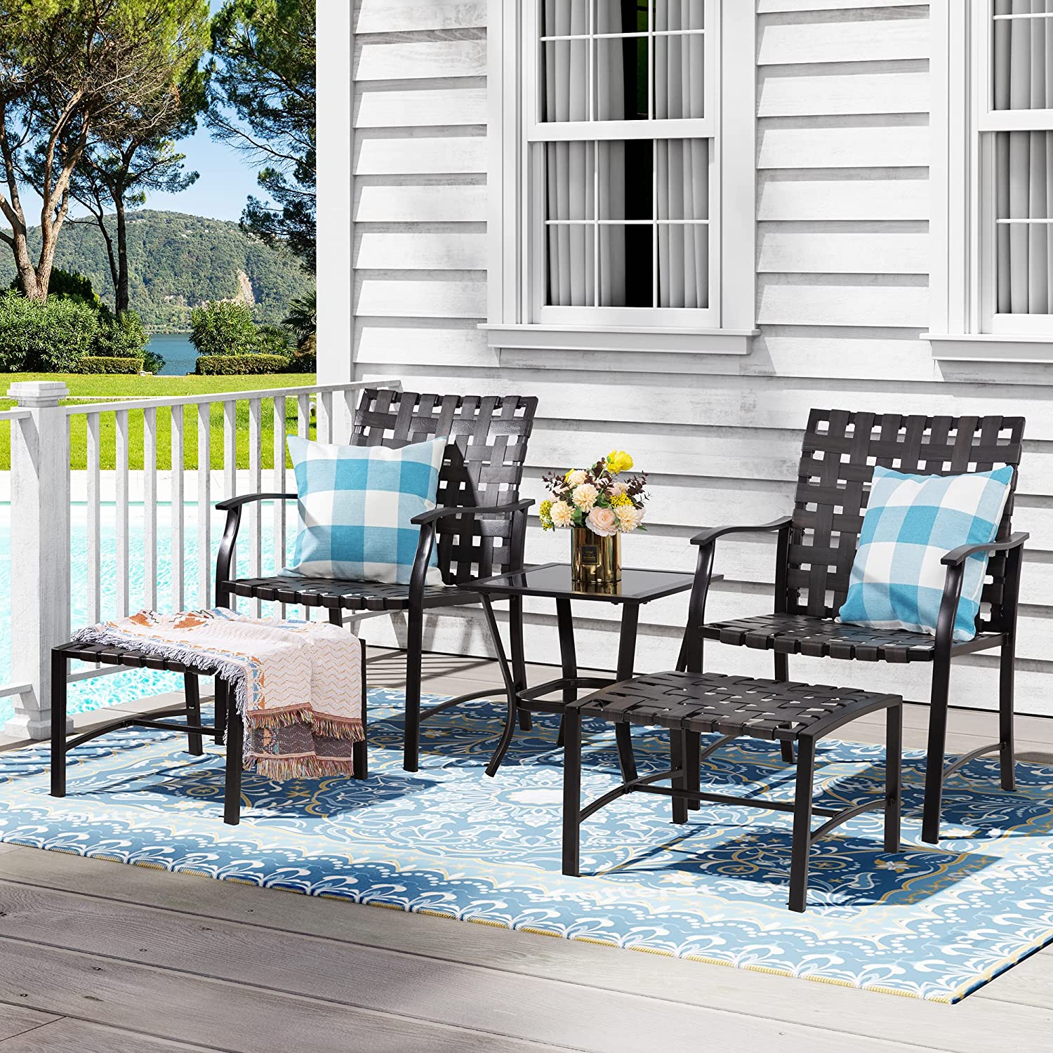 5 Piece Patio Conversation Set Lounge Chair Sofa, Patio Dining Chair Wicker furniture set with glass coffee table (US spot) | Decor Gifts and More
